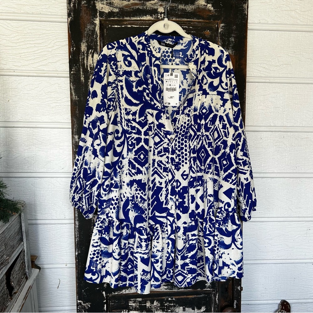 Zara Blue and White Patterned Dress